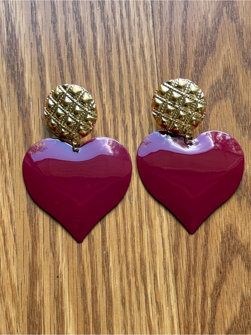 Gold-Top Burgundy Heart Drop Earrings - Women Jewelry